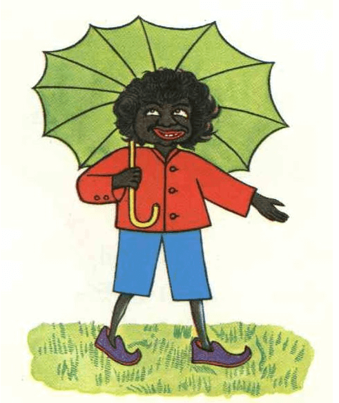 Cover of The Story of Little Black Sambo by Helen Bannerman, 1900. Cartoon of dark-skinned boy with umbrella.