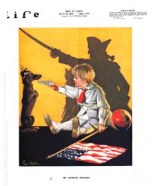 Life magazine cover, July 4, 1918, boy pointing toy gun at dachshund wearing German helmet, shadow of soldier with sword.