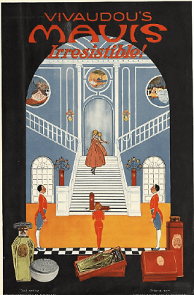 1919 Mavis perfume ad, woman on stairs in mansion, footmen.