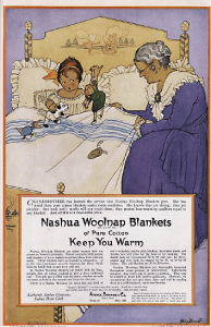 1919 Nashua woolen blankets ad with girl lying in bed with dolls and grandmother sitting on bed.