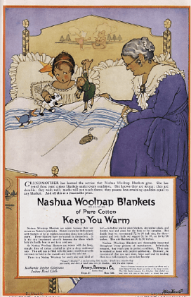 1919 Nashua woolen blankets ad with girl lying in bed with dolls and grandmother sitting on bed.