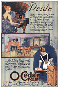 1919 O-Cedar polish ad with woman playing piano, living room, and woman cleaning.