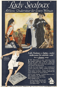 Lady Sealpax underwear ad, leaping woman in underwear under golfer, nurse, and other women.