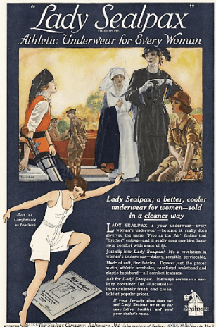 Lady Sealpax underwear ad, leaping woman in underwear under golfer, nurse, and other women.