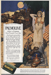 Palmolive soap ad, man with women in harem clothing.