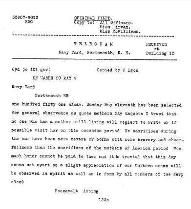 Telegram from Acting Secretary of the Navy Franklin Roosevelt about Mother's Day 1919
