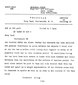 Telegram from Acting Secretary of the Navy Franklin Roosevelt about Mother's Day 1919