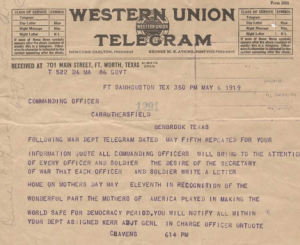 1919 telegram instructing soldiers to write to their mothers on Mother's Day