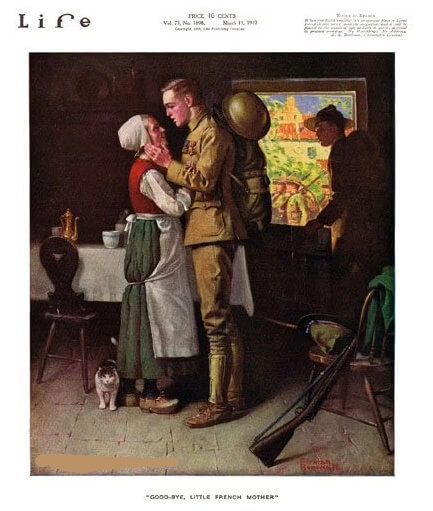Norman Rockwell drawing of soldier saying goodbye to French family, Life magazine, 1919