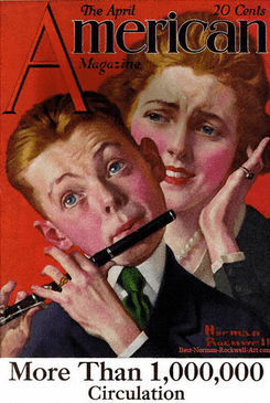 Norman Rockwell American magazine cover, May 1919, boy playing flute, pained mother behind