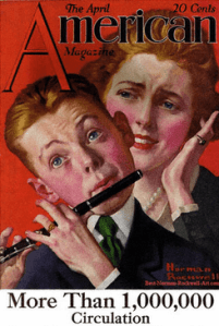 Norman Rockwell American magazine cover, May 1919, boy playing flute, pained mother behind