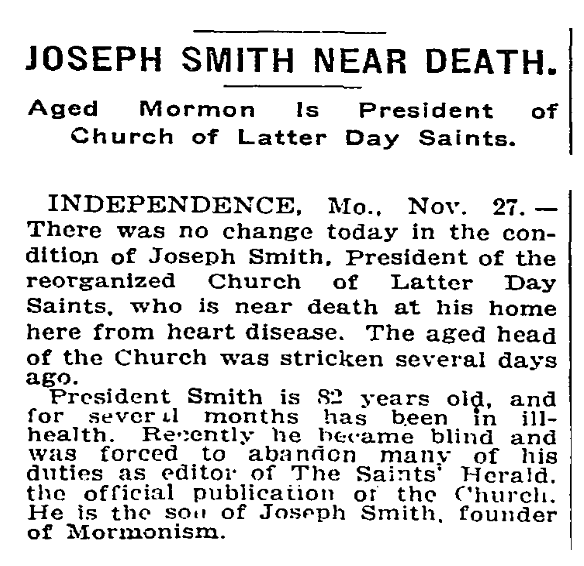 New York Times article on imminent death of Joseph F. Smith, 1914