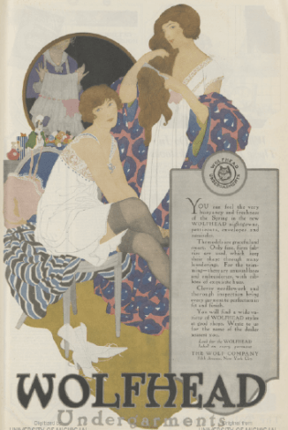 Wolfhead underwear ad, 1919, two women getting dressed.