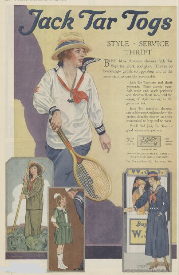 Jack Tar Togs advertisement, 1919, woman playing tennis.