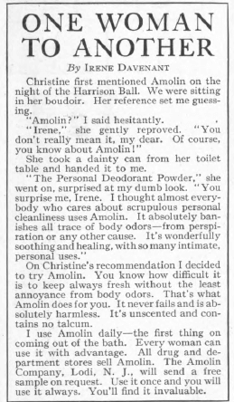 Deodorant powder ad, 1919, One Woman to Another.