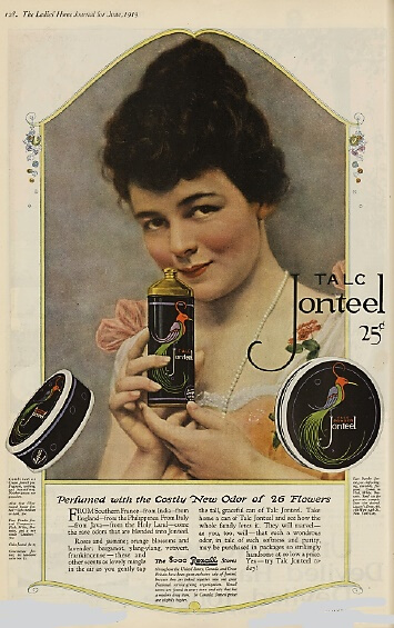 Talc Jonteel advertisement, woman with talcum powder, 1919.