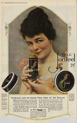 Talc Jonteel advertisement, woman with talcum powder, 1919.