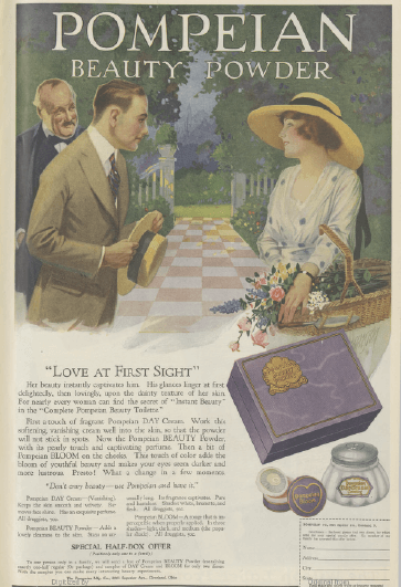 Pompeian Beauty Powder ad, 1919, young man and woman flirting.