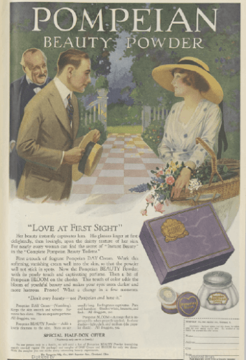 Pompeian Beauty Powder ad, 1919, young man and woman flirting.