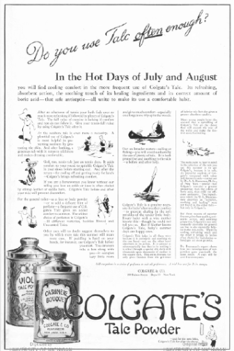 Colgate's talc powder ad, 1919.