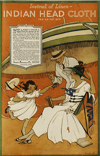 Indian Head Cloth ad, 1919, family under umbrella.