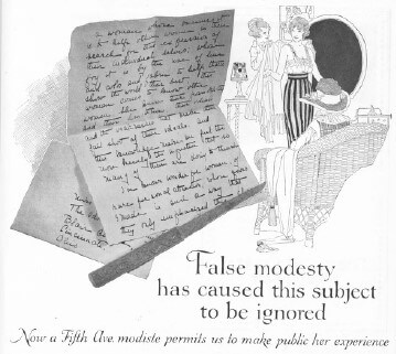 Deodorant ad, 1919, False modesty has caused this subject to be ignored.