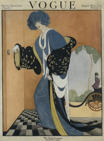 Vogue cover, August 1919, George Wolfe Plank, woman by door with carriage.