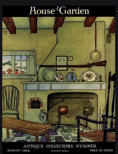 House and Garden cover, August 1919, fireplace with items on mantle.