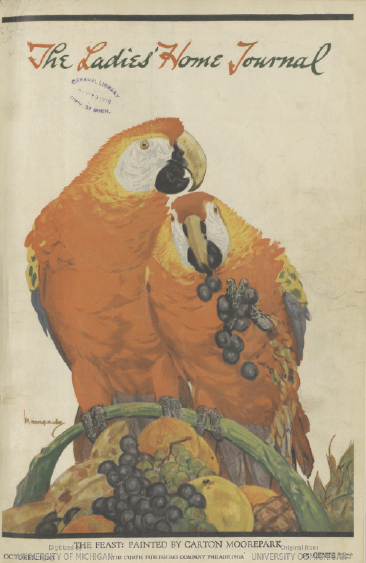 October 1919 Ladies' Home Journal cover depicting two parrots nestling.