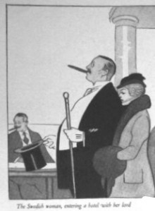 Illustration of a Swedish woman entering a hotel behind her husband.