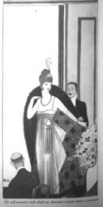 Illustration of a woman in an evening gown entering a room.