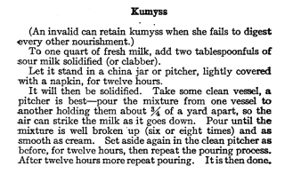 Recipe for kumyss (sour milk) in Girl Scout book, 1916.