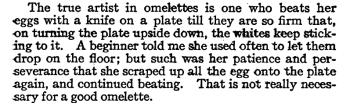 Text from 1916 Girl Scout handbook about someone dropping eggs on the floor when making omelets but still using them.