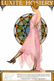 Coles Phillips Luxite Hosiery ad, woman in pink dress in front of stained glass window sticking out leg, 1919.