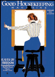 Coles Phillips January 1916 Good Housekeeping cover illustration, woman and easel.
