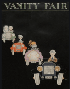 Vanity Fair cover, January 1920, cartoon of people driving cars.