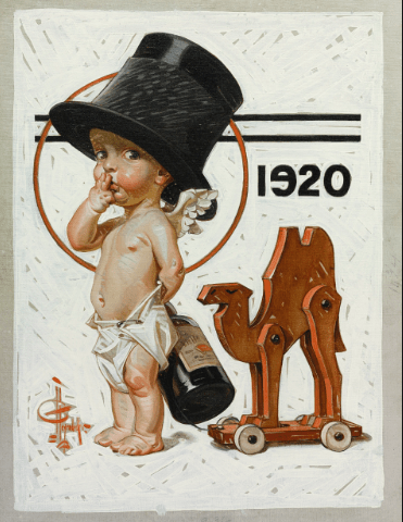 J.C. Leyendecker painting of baby with whiskey bottle and camel toy.