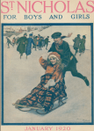 St. Nicholas cover, January 2020, skating boy pushing girl on sled.