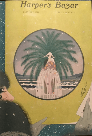 Erté February 1920 Harper's Bazar cover, woman in gown on beach.