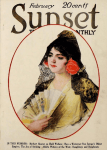 Sunset magazine cover, February 1920, woman in traditional Spanish-Mexican dress.