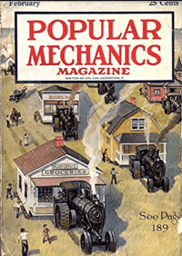 February 1920 Popular Mechanics cover, vehicles transporting houses and stores.
