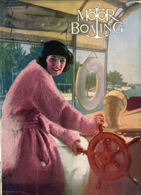 Motor Boating cover, March 1920, woman in pink coat steering wheel of boat.