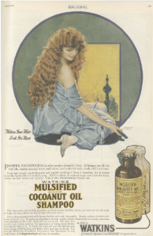 Shampoo ad showing woman with long red hair, Ladies' Home Journal, April 1920.