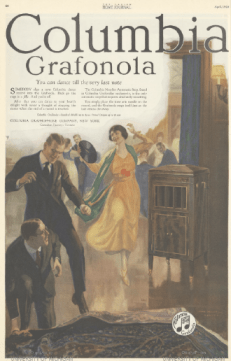 Colombia gramophone ad, Ladies' Home Journal, 1920, man and woman dancing.
