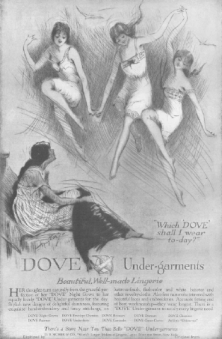 Dove undergarments ad, women flying through the sky in underwear, Ladies' Home Journal, April 1920.