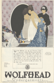 Wolfhead underwear ad, maid helping woman dress, Ladies' Home Journal, 1920.