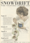 Snowdrift shortening ad, woman eating shortening, Ladies' Home Journal, 1920.