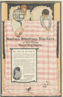Nashua Woolnap Blankets ad, children in bed, Ladies' Home Journal, 1920.