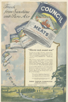 Council Meats ad, cans of meat flying through the sky, Ladies' Home Journal, 1920.
