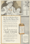Johnson's Baby Powder ad, maid sprinkling powder on baby, Ladies' Home Journal, 1920.
